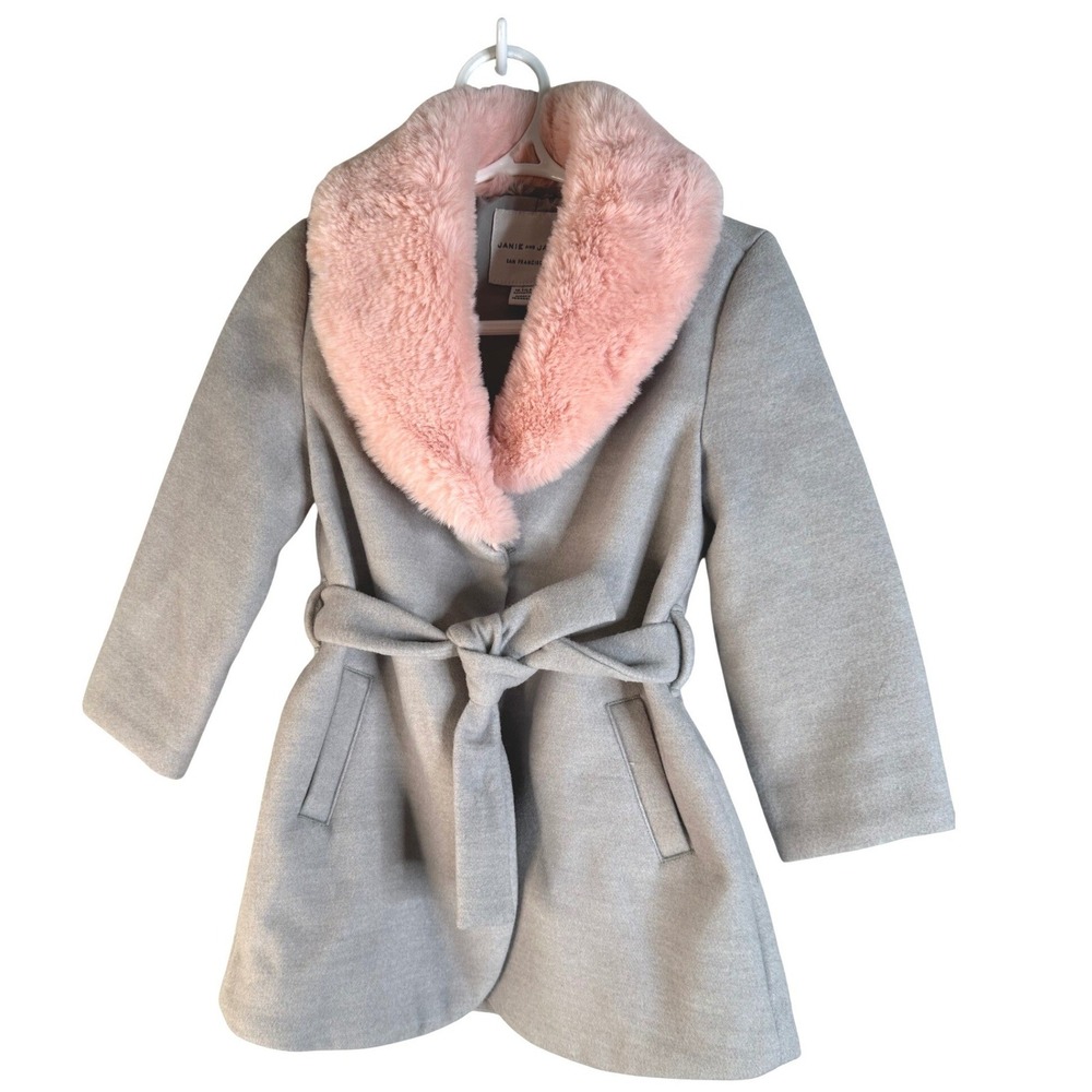 Janie and Jack Girl's Gray Pink Faux Fur Collar Belted Wrap Coat 18-24 Months